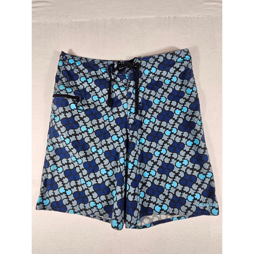 Patagonia Mens Board Shorts Size 30 Blue Grey Geometric Swim Trunks Ripstop